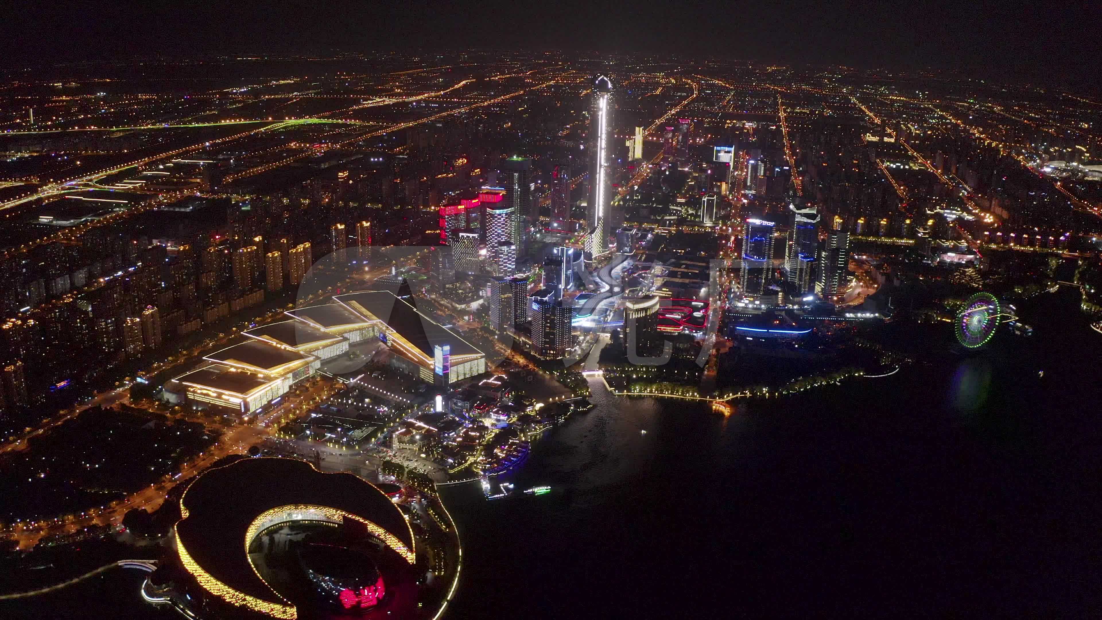苏州工业园区cbd城市美丽夜景4k航拍