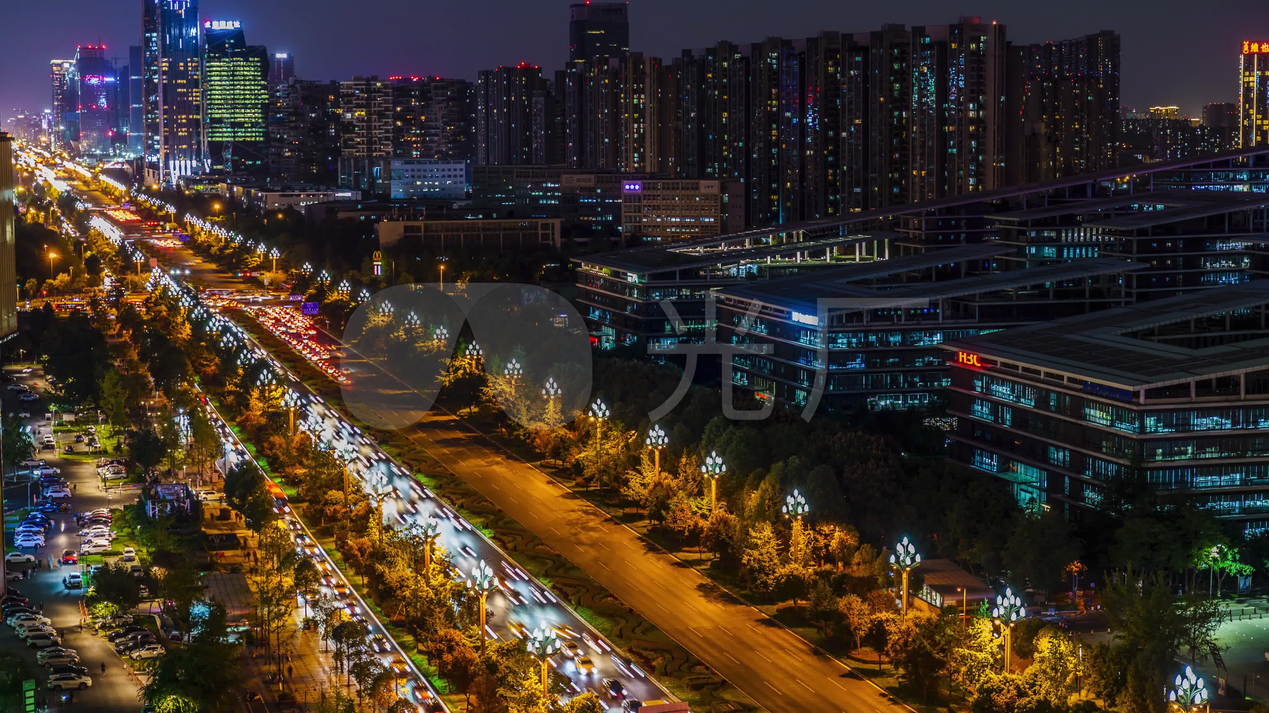 成都天府大道夜景软件园延时摄影4k_4096x2304_高清视频素材下载(编号