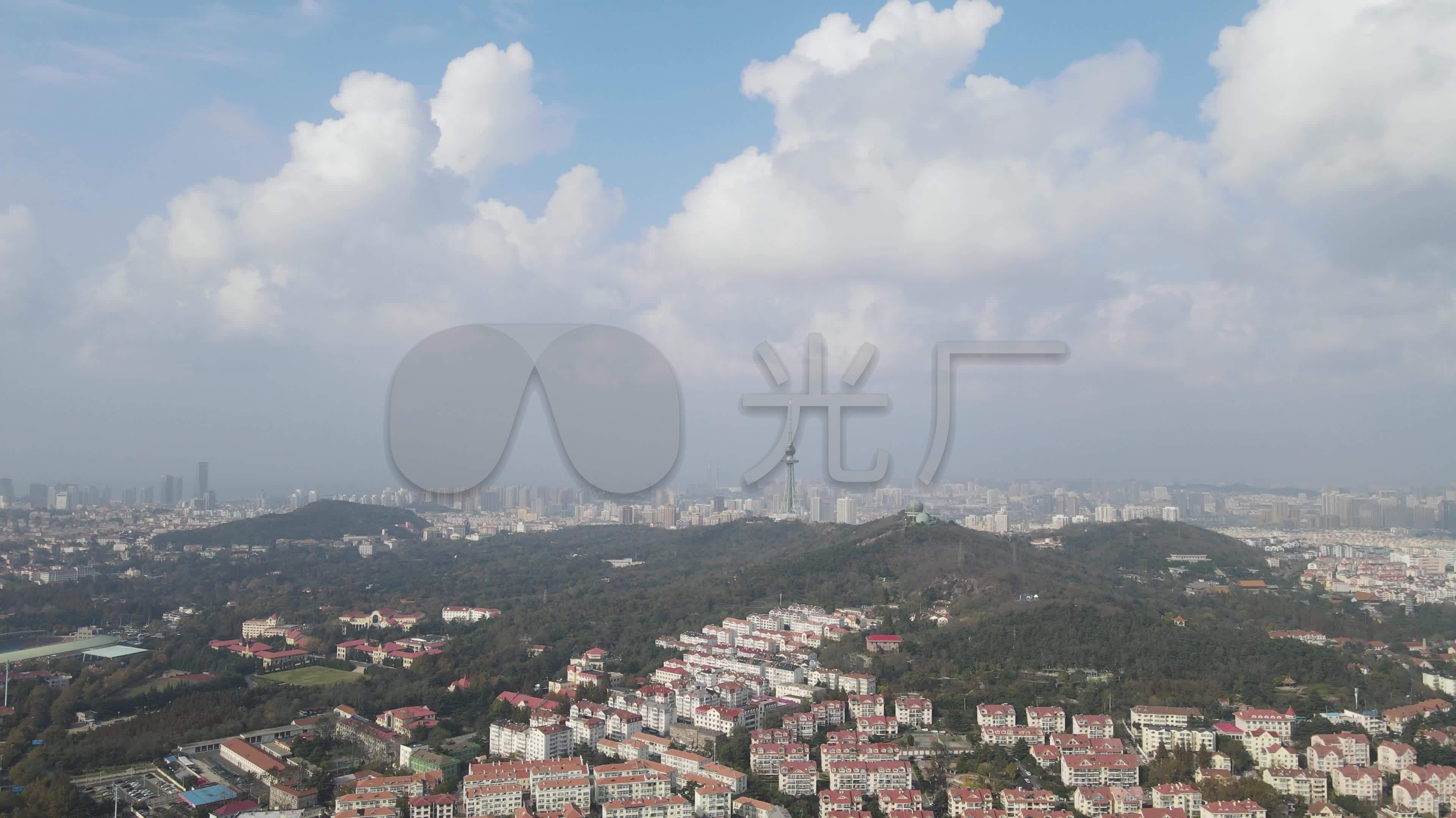 航拍山东青岛城市全景电视塔地标建筑