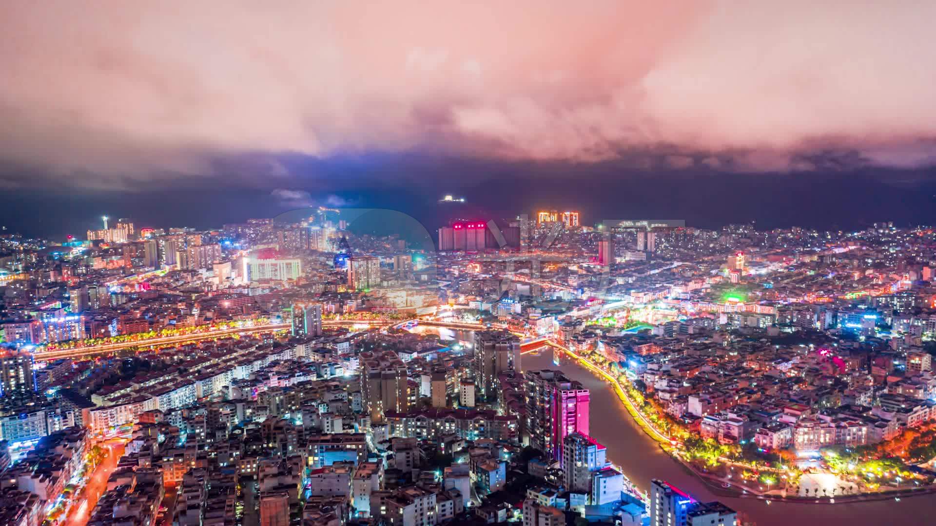 延时航拍广西梧州岑溪市城市夜景全景图