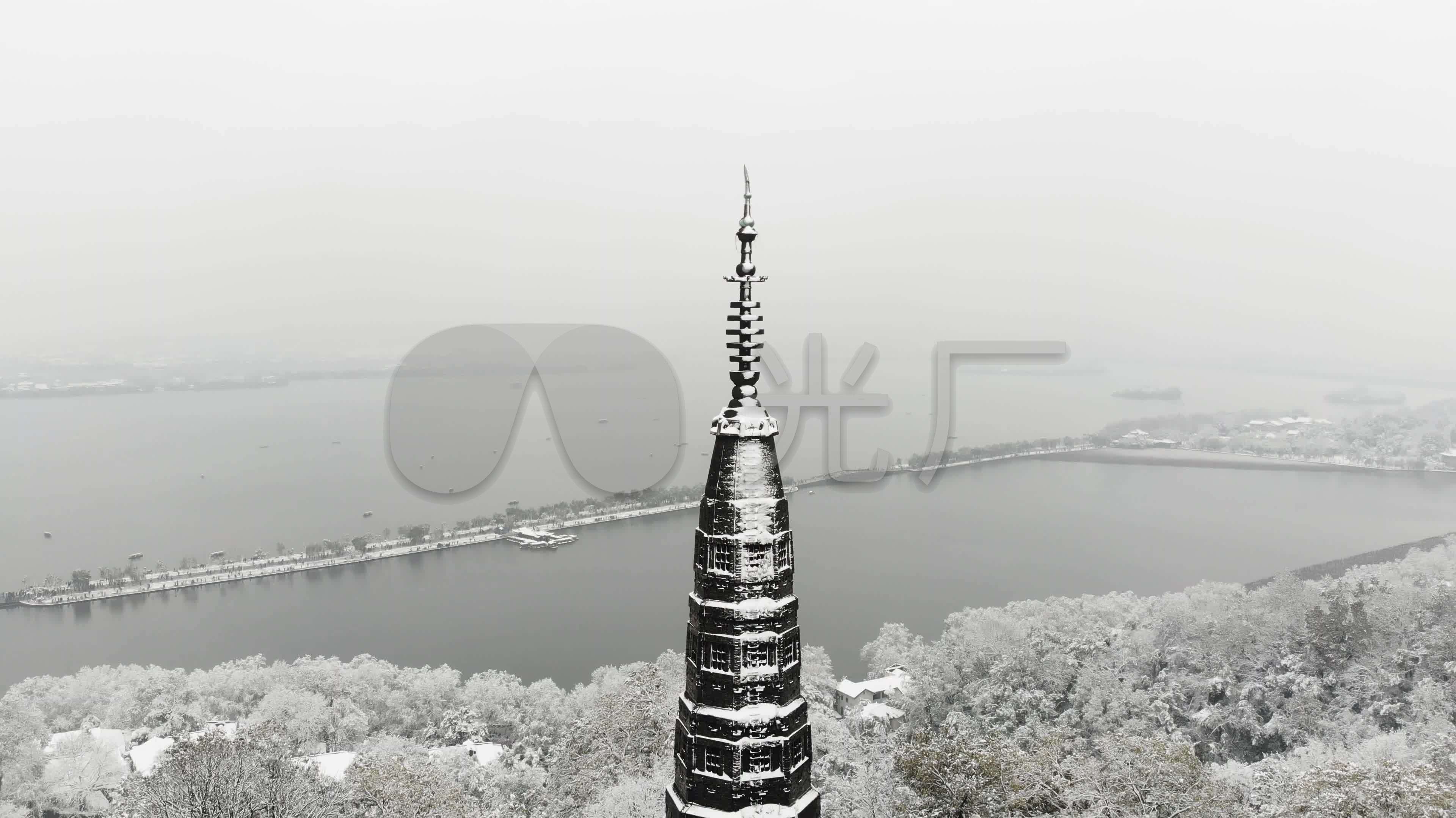 杭州西湖宝石山保俶塔雪景4k航拍