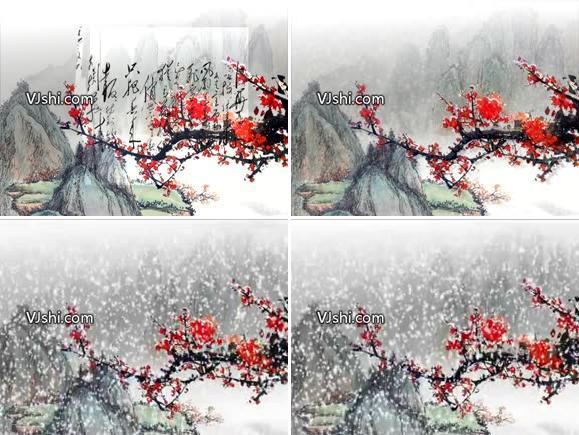 梅花 书法字、雪花飘落