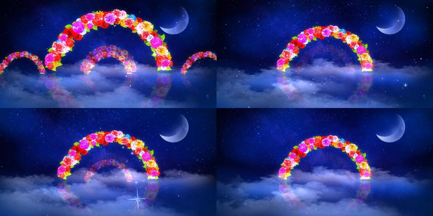 幸福 花拱门 夜色星空 弯月 流云 浪漫