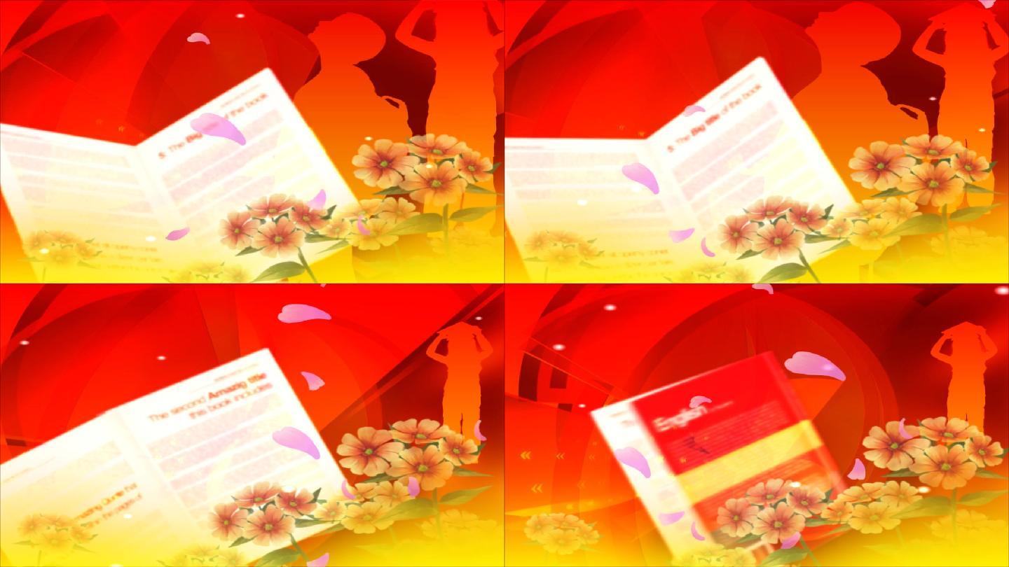 读书 翻书动画 英文书 鲜花 儿童剪影