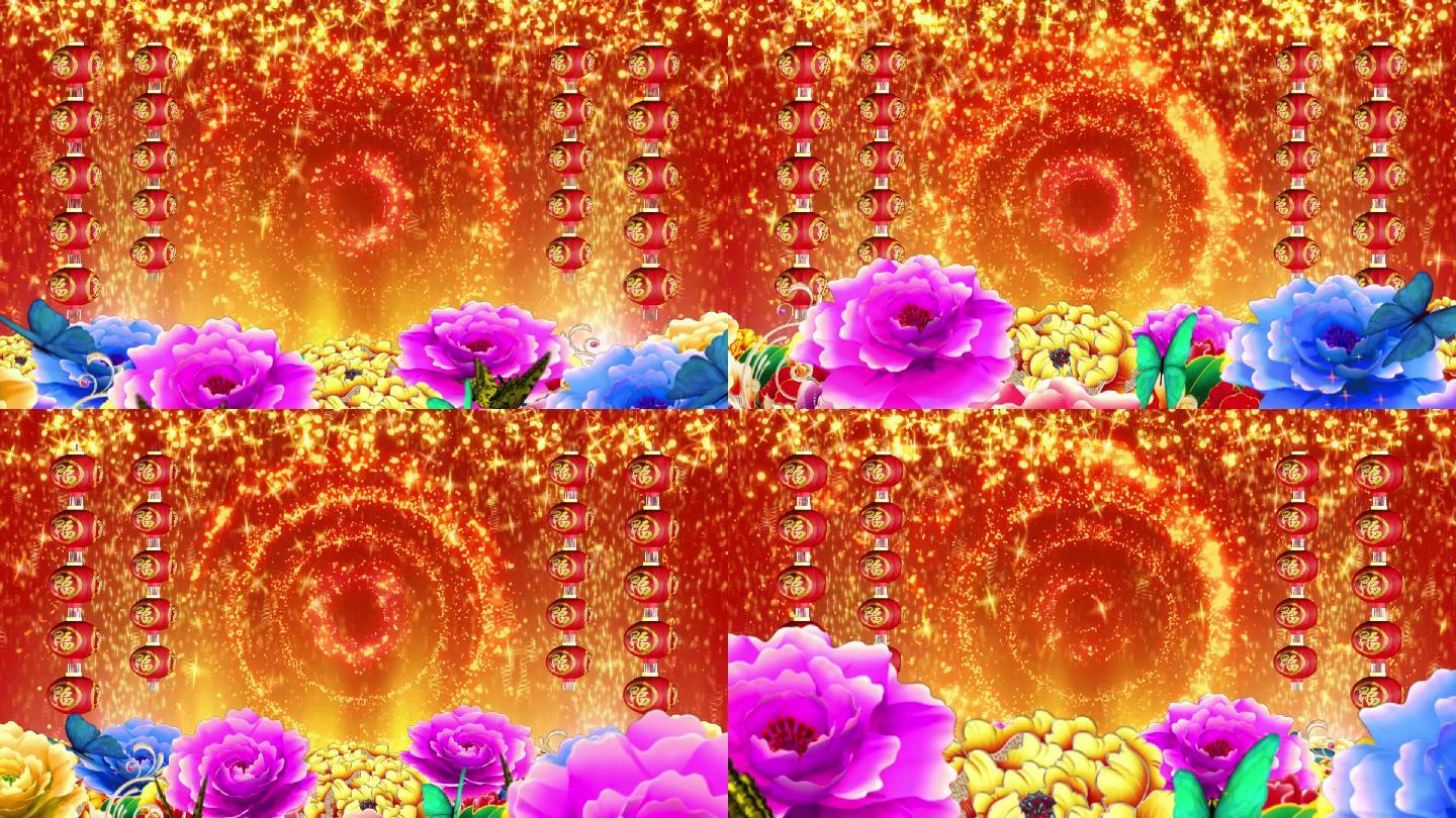 福字灯笼串牡丹花背景