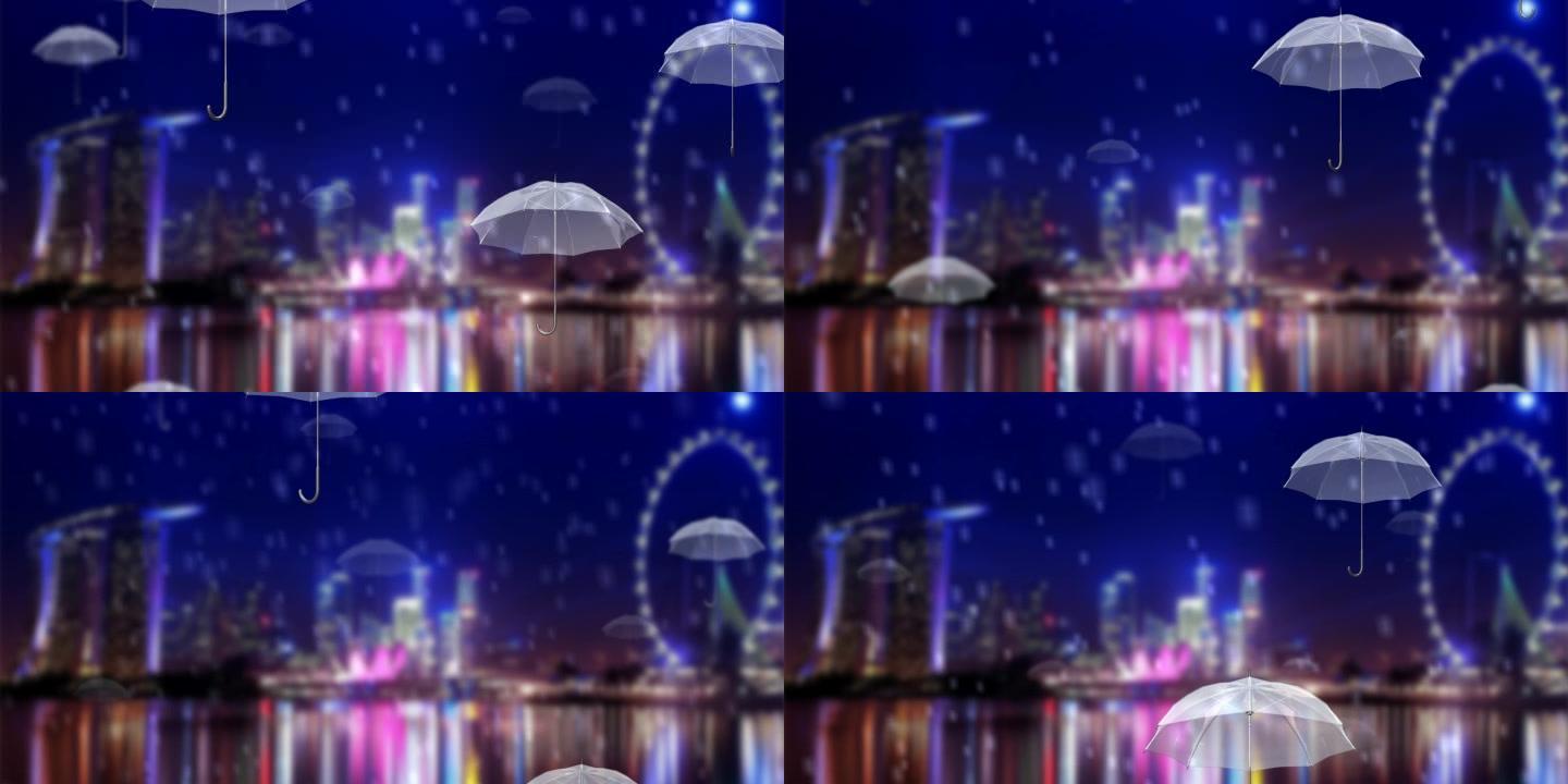 雨景 城市 夜色 雨伞