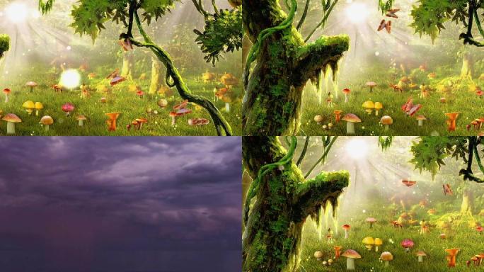 梦幻唯美有趣的卡通森林蘑菇满地表演背景