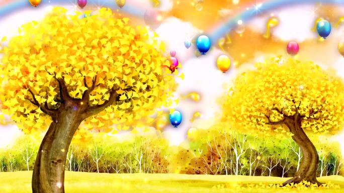 金黄色大树 树苗 气球 彩虹