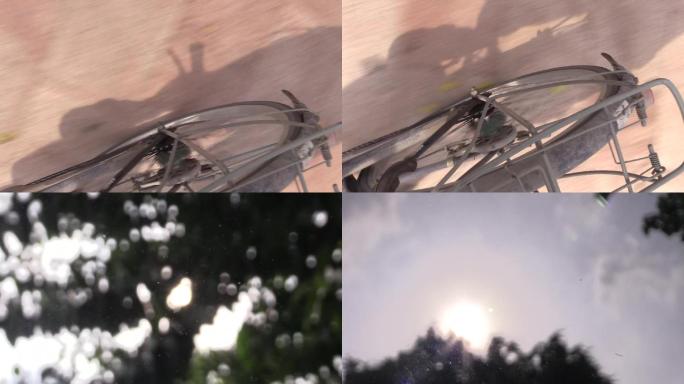 飞动单车轮光斑树影特写