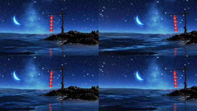 珊瑚海红灯笼月亮星空夜晚海面