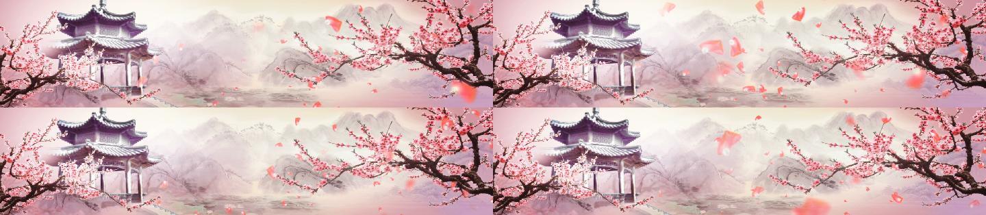 中国戏曲文化水墨梅花亭台楼阁柔美