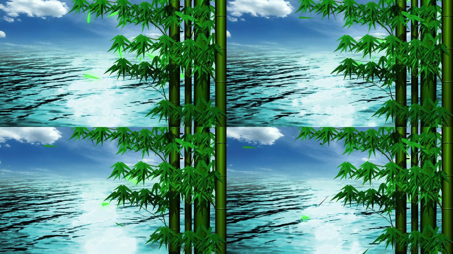 湖水竹林蓝天
