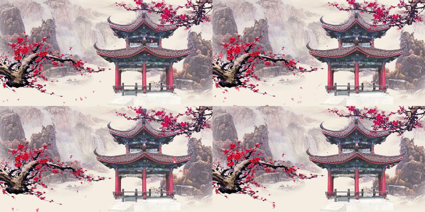 水墨山水意境梅花中国元素唯美凉亭