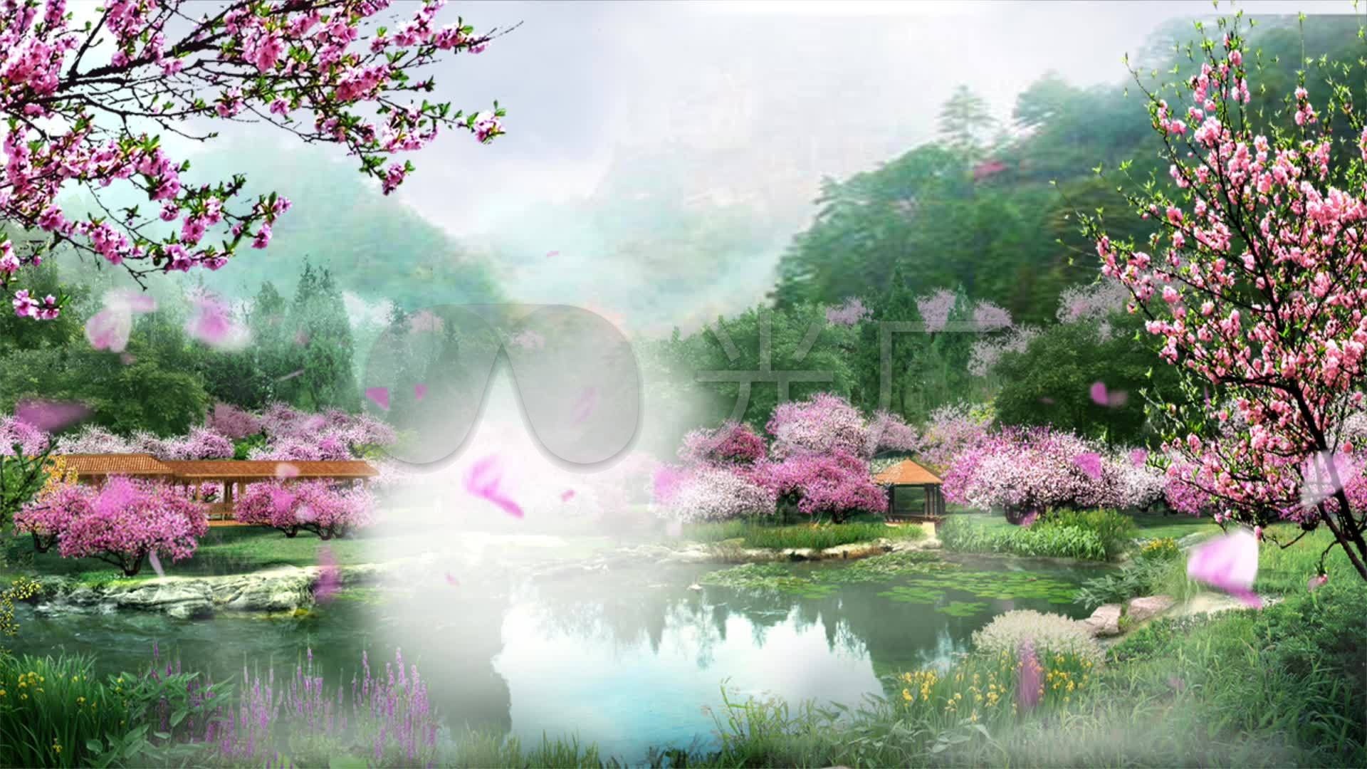 桃花林仙境湖面风景