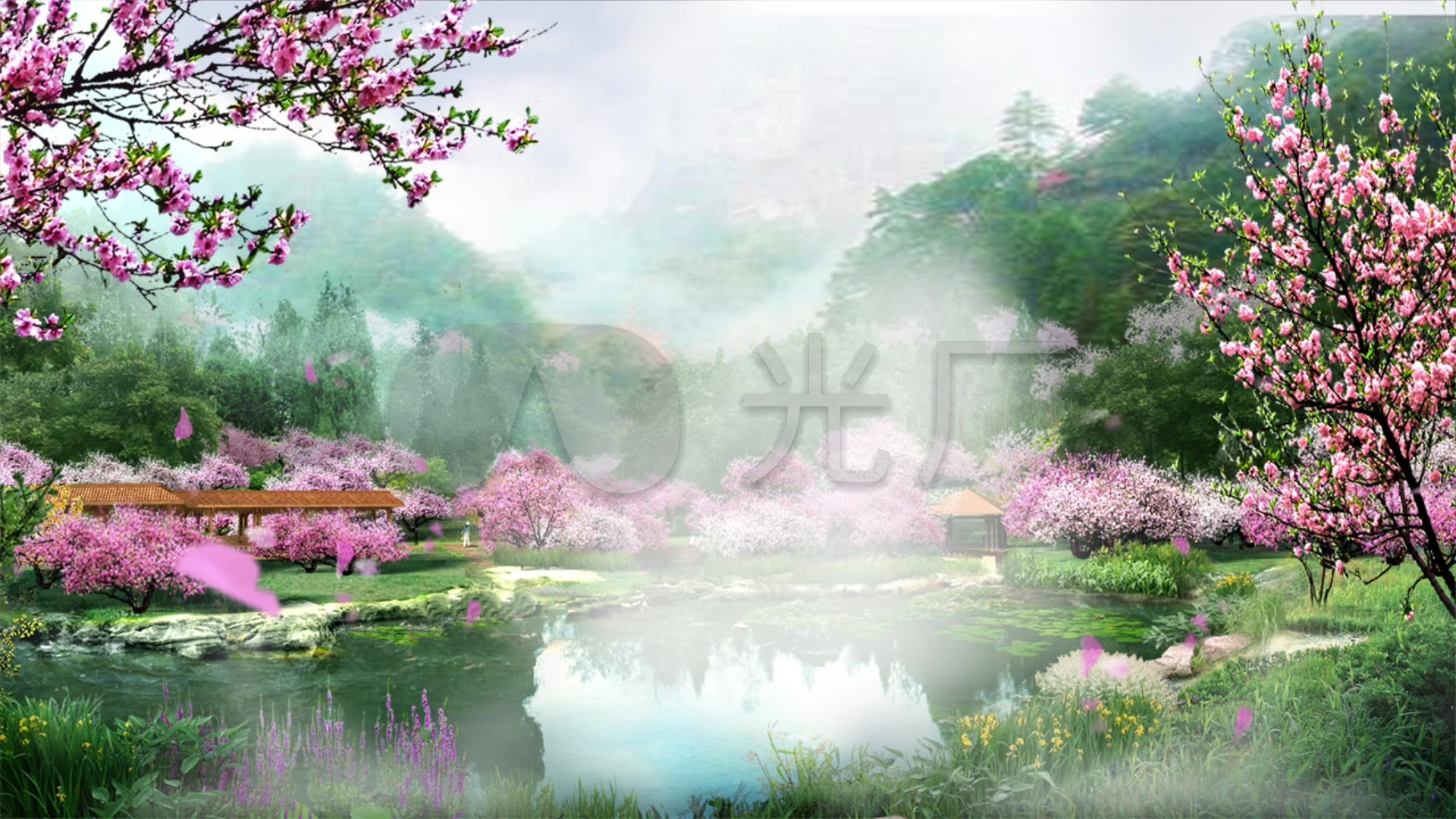 桃花林仙境湖面风景_1920x1080_高清视频素材下载(编号:356740)_舞台