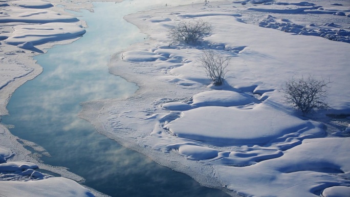 冬季雪景湿地航拍地面空镜