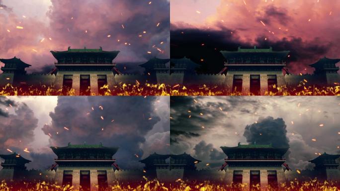 古代雄伟宫殿火焰视频背景