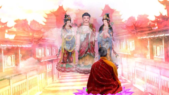 佛教素材阿弥陀佛接引众生回极乐世界云光