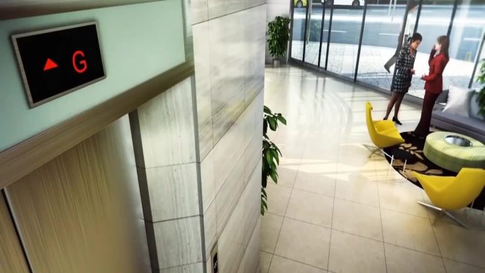 三维动画展示办公走廊电梯刷卡
