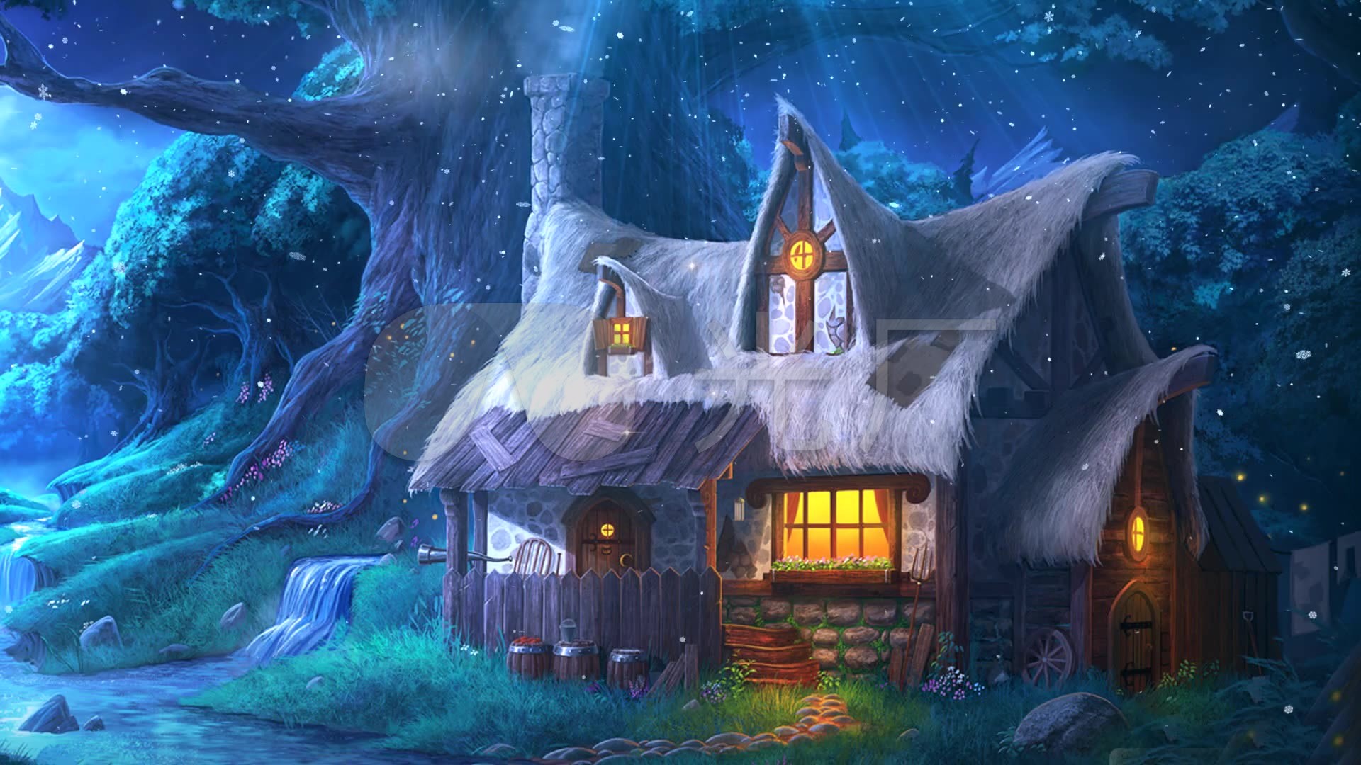森林童话小木屋雪花下雪夜晚