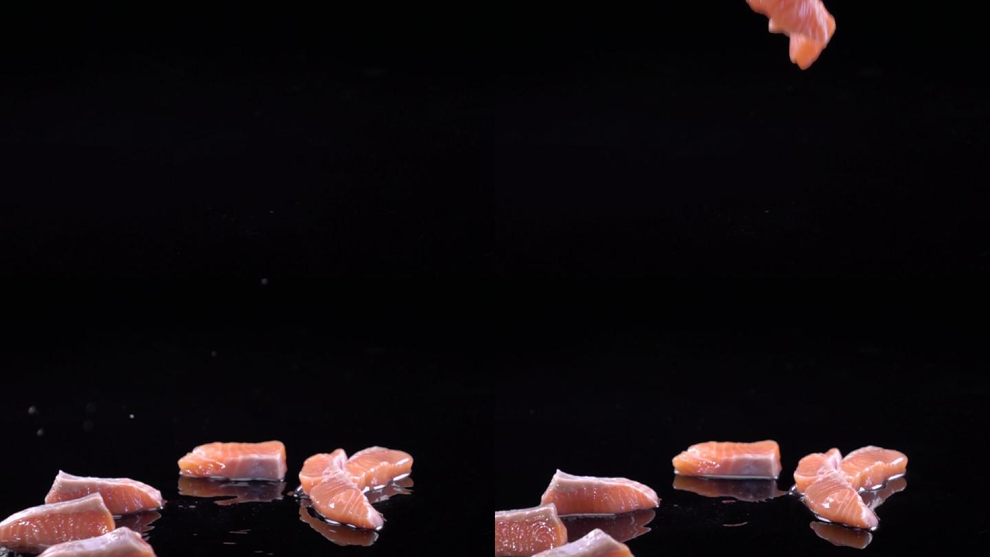 新鲜三文鱼掉落高速摄影