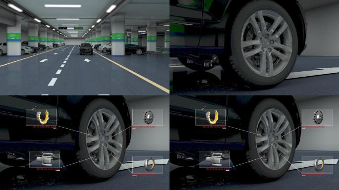 三维动画新能源汽车车库轮毂展示
