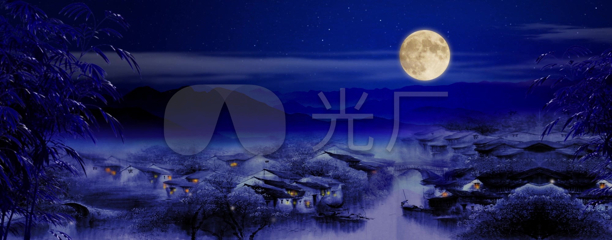 宁静的夜晚月亮唯美中国风乡村视频素材_200