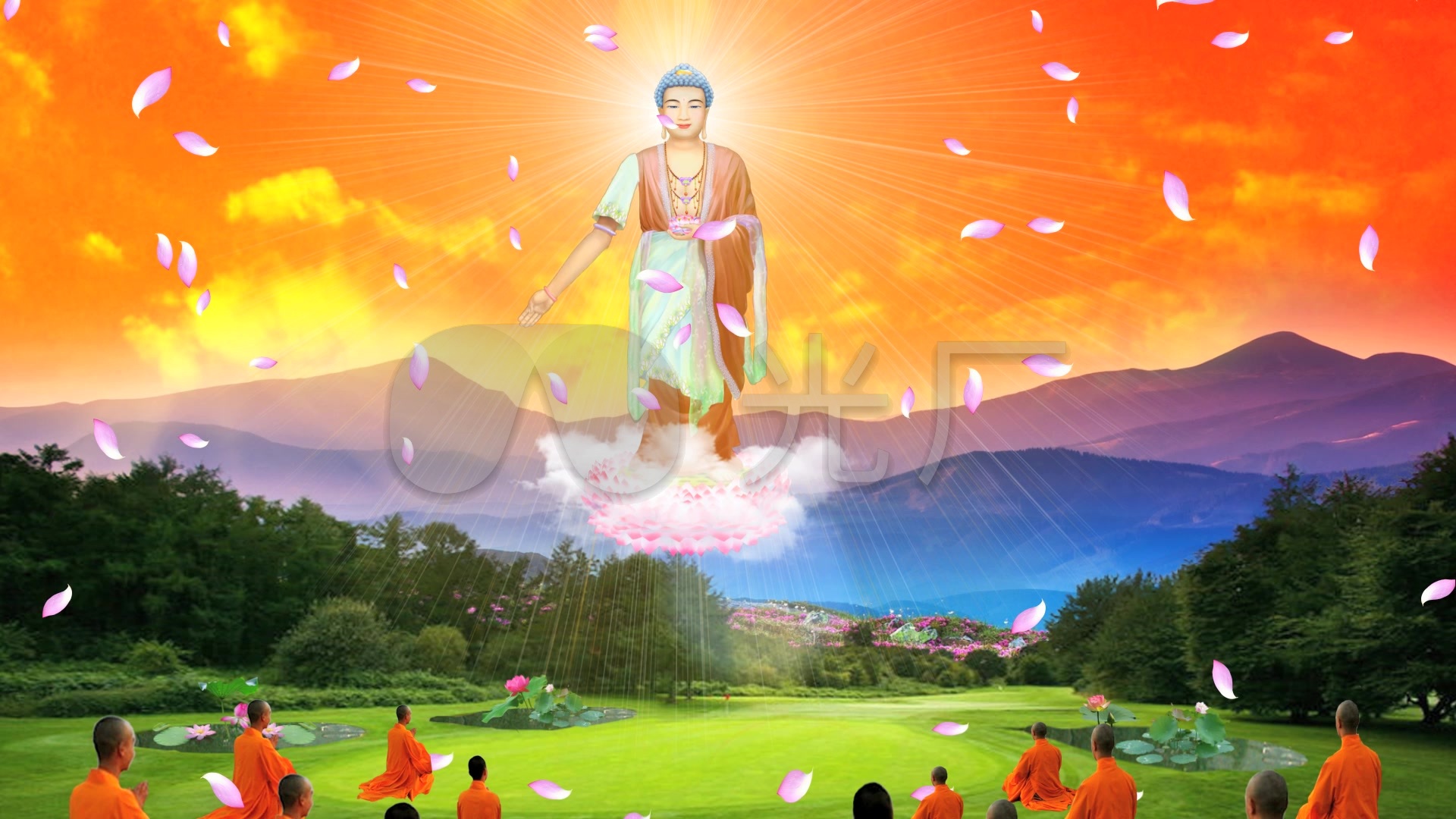 阿弥陀佛接引众生莲花瓣群山祥云金光_1920x1080_高清视频素材下载