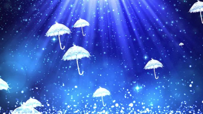 水晶伞唯美雨中水中粒子海洋蓝背景