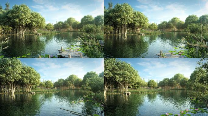 3D动画湿地公园湖泊榕树小船_0693