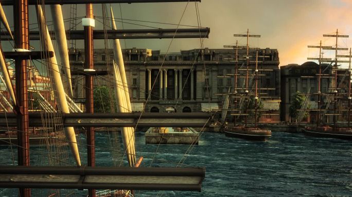 3d动画-古代码头帆船进入港口商人