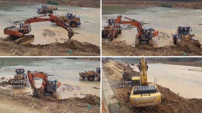7.忙碌市政建设工地河堤河道清理工程机械