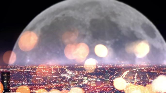 夜晚城市月亮粒子光斑唯美