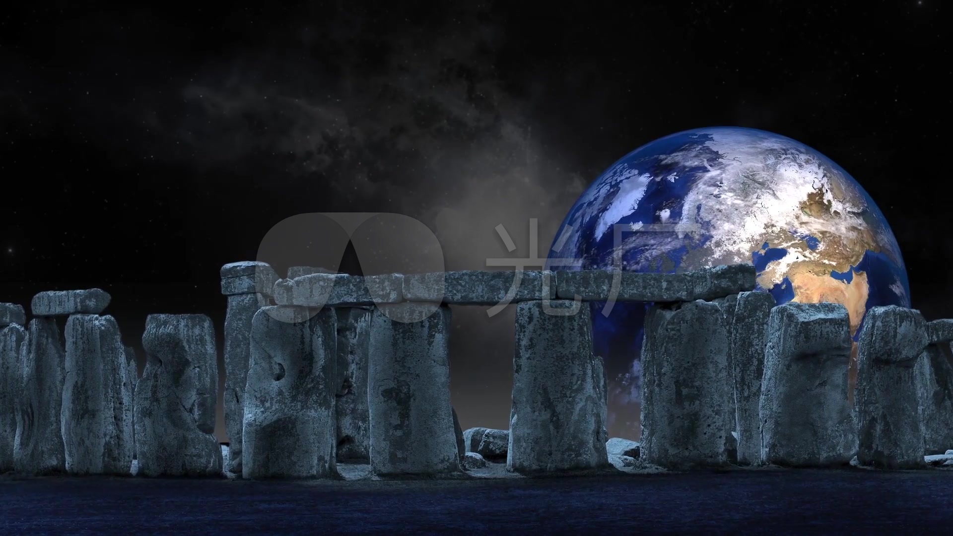 神秘探索巨石阵太空地球升起抽象虚拟场景_1920x1080_高清视频素材