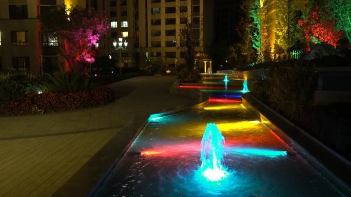 4K小区夜景灯光喷水池流水庭院景观