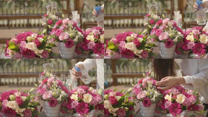 4K住宅小区庭院鲜花粉玫瑰浇花喷水喷壶