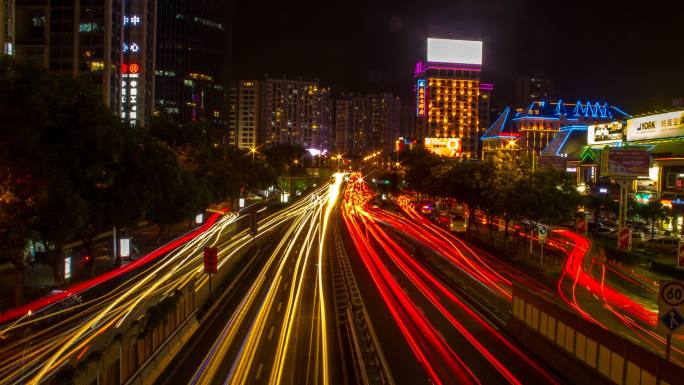 城市延时夜景马路流光