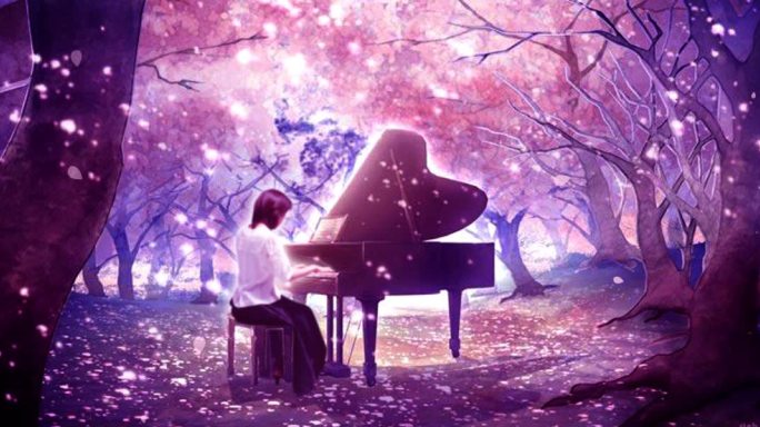 唯美梦幻樱花树花瓣飘零美女弹钢琴大屏幕