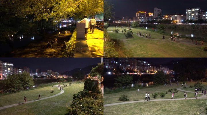 夜间河边公园休闲散步人群.4k