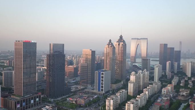 江苏苏州园区航拍地标东方之门老镜头