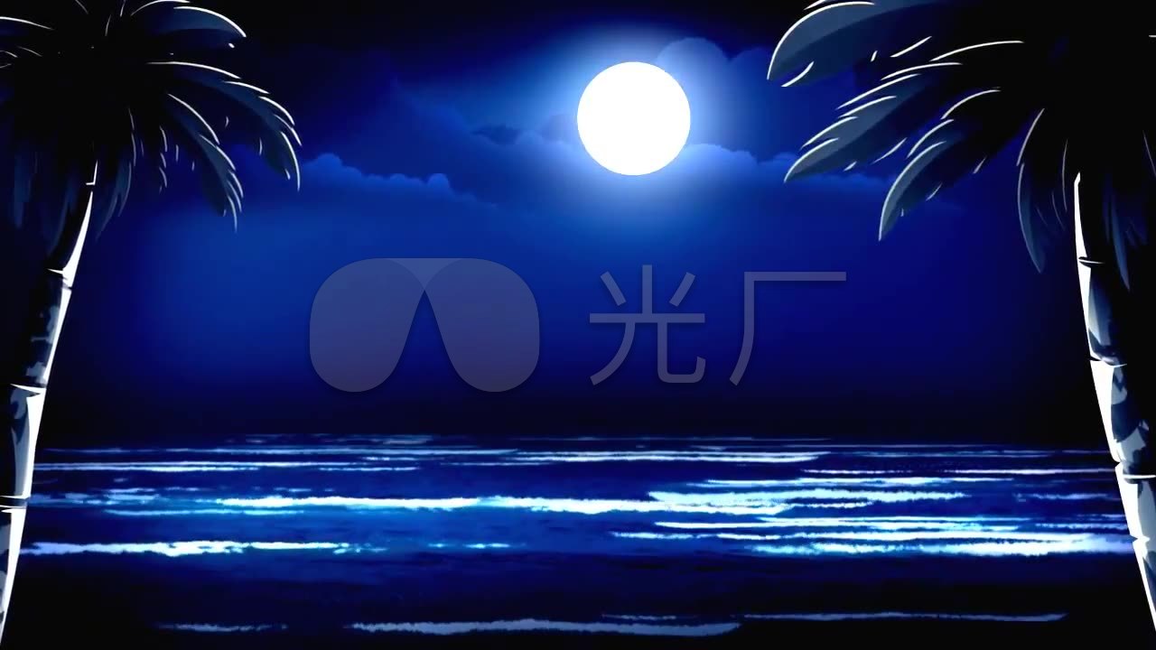 夜晚月光下藍色的海水和椰子樹動畫場景