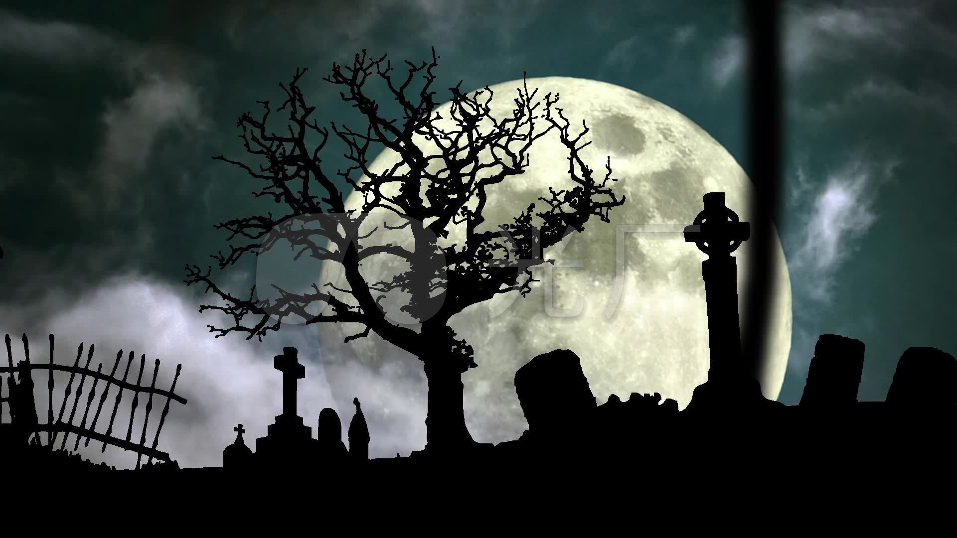 暗黑恐怖黑夜场景移动月亮墓地渲染万圣节