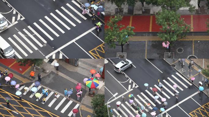 下雨天空中拍学生过马路进校园