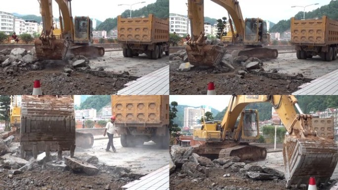城市道路改造扩建施工挖掘机工程车市政建设