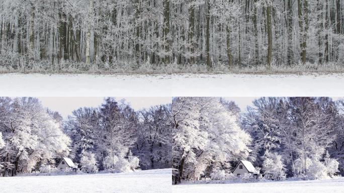 下雪树林小屋合成剪辑动态视频