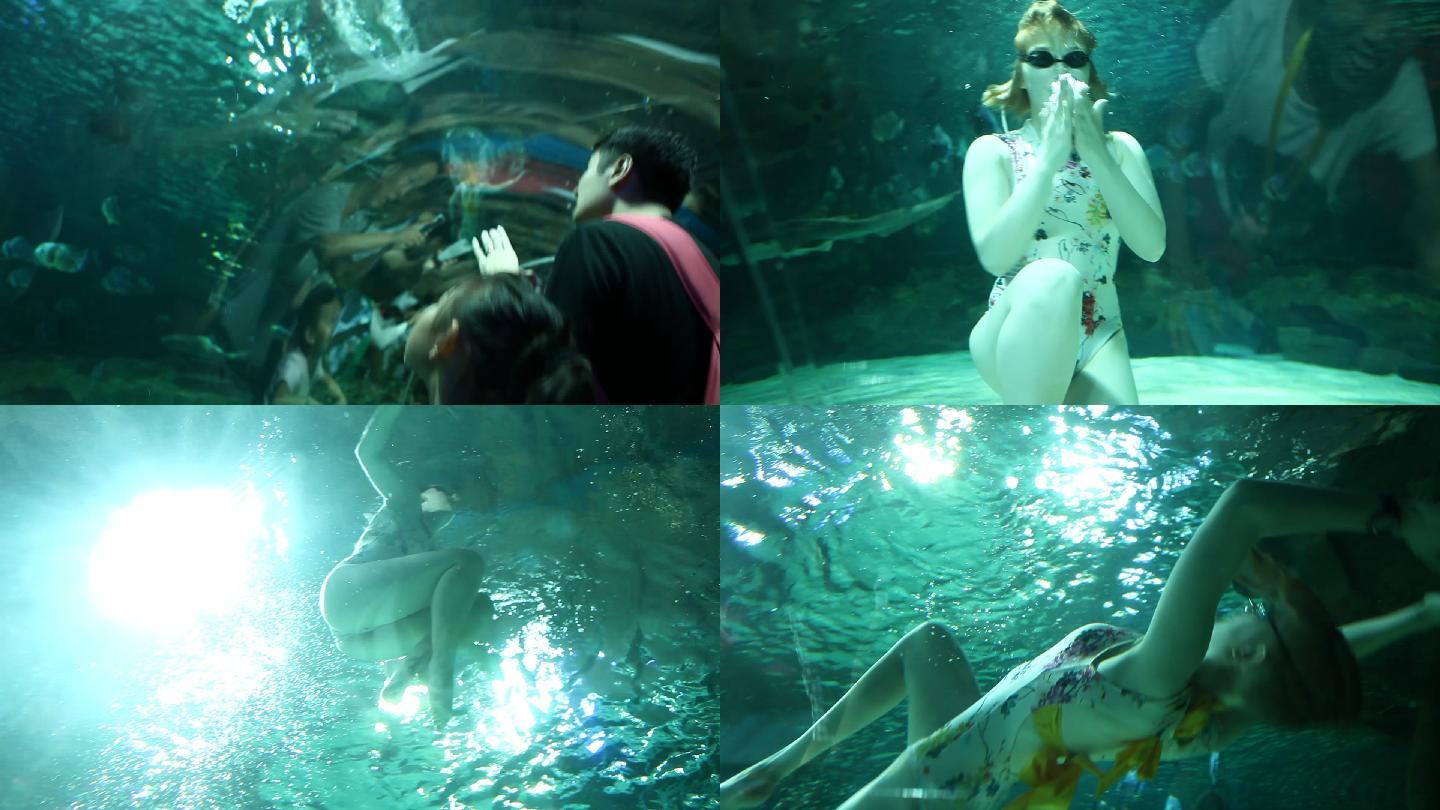 水族馆美人鱼表演实拍高清视频