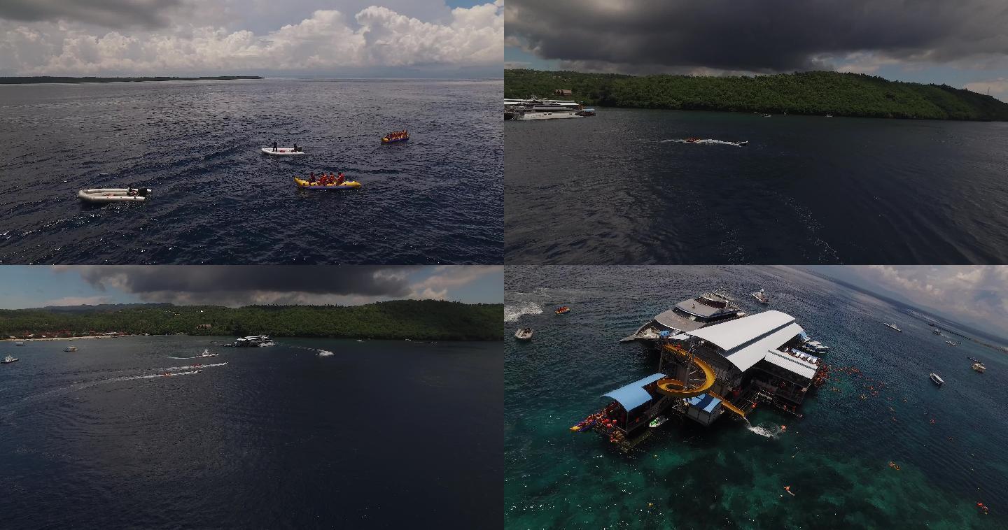 巴厘岛小船及香蕉船航拍海岸线航拍