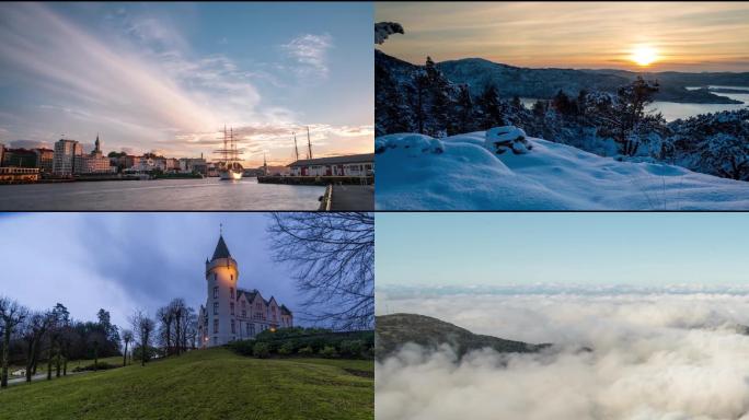 大自然北欧海滨旅游城市四季风景