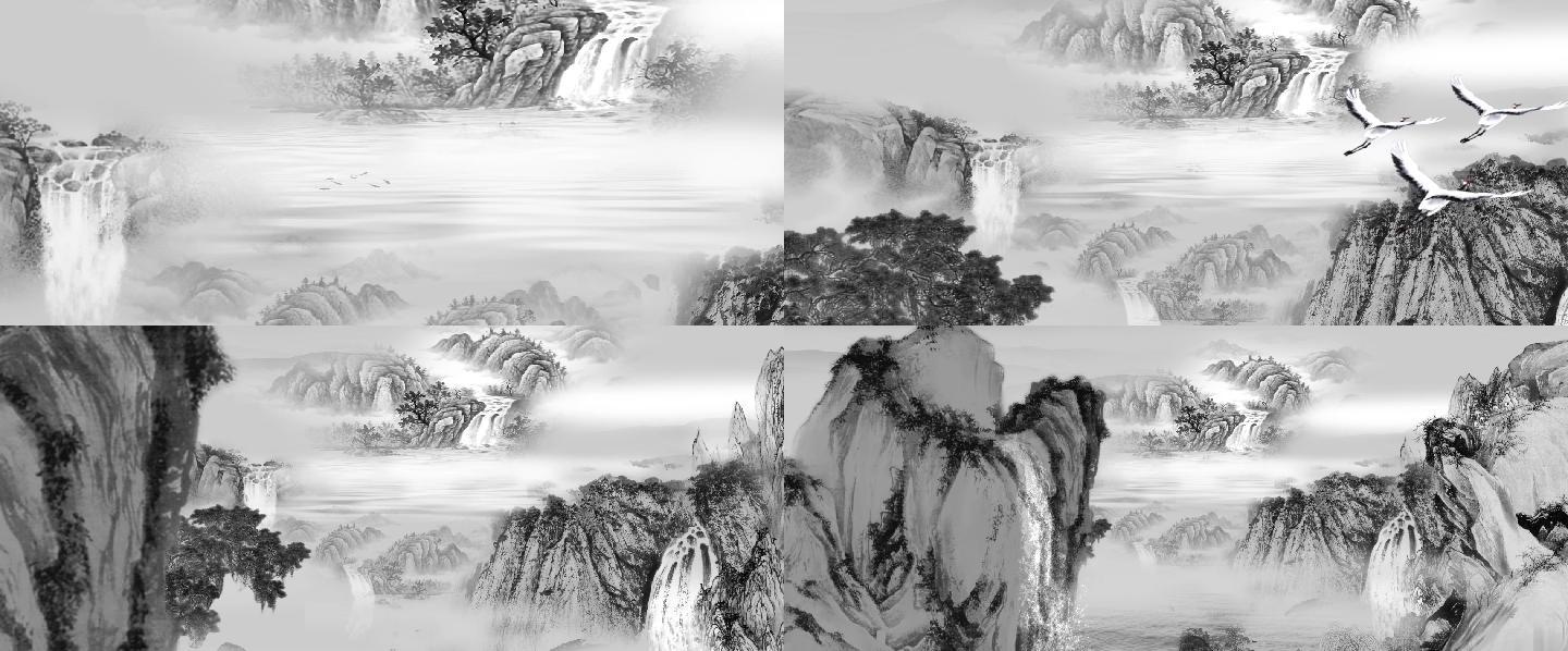 中国水墨画唯美瀑布水大屏幕素材二