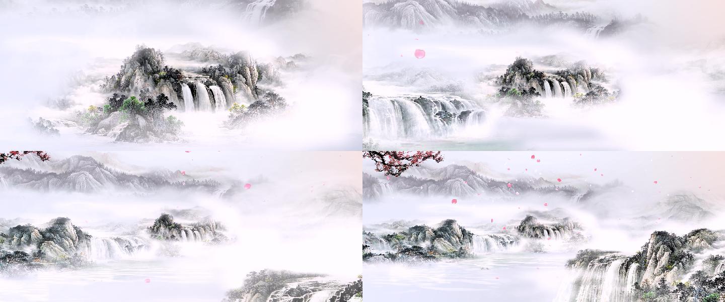 中国水墨画唯美瀑布水大屏幕素材一